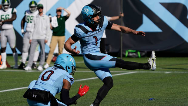 Mar 5, 2023; Arlington, TX, USA; Arlington Renegades kicker Taylor Russolino (1) follows through on a field goal during the first half against the Orlando Guardians at Choctaw Stadium. Mandatory Credit: Raymond Carlin III-USA TODAY Sports  